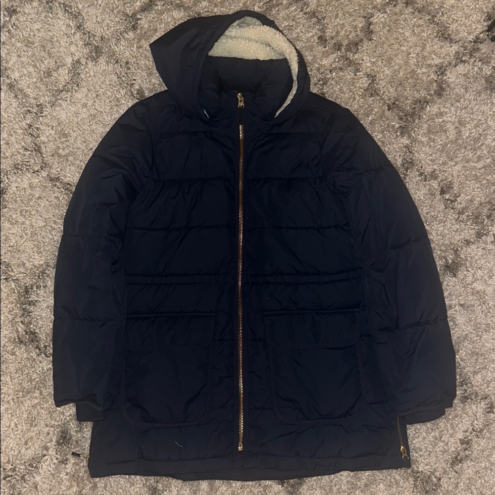 J. Crew Factory Long Length Winter Coat with Sherpa Lined Hood and Gold Hardware